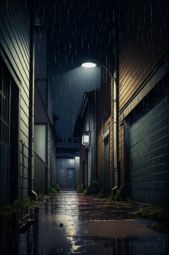 Dark rain-slicked alley at night