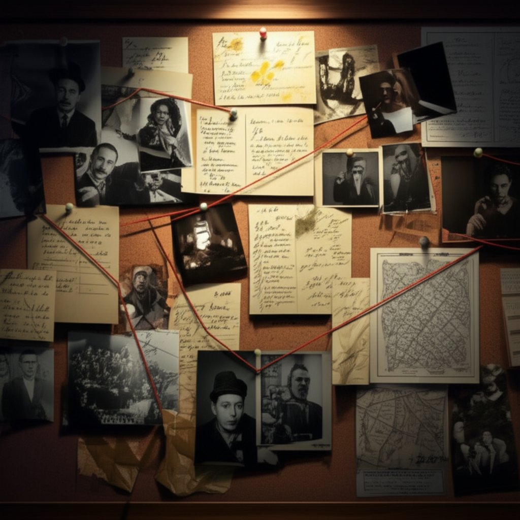 Investigation evidence board with pinned photos and documents