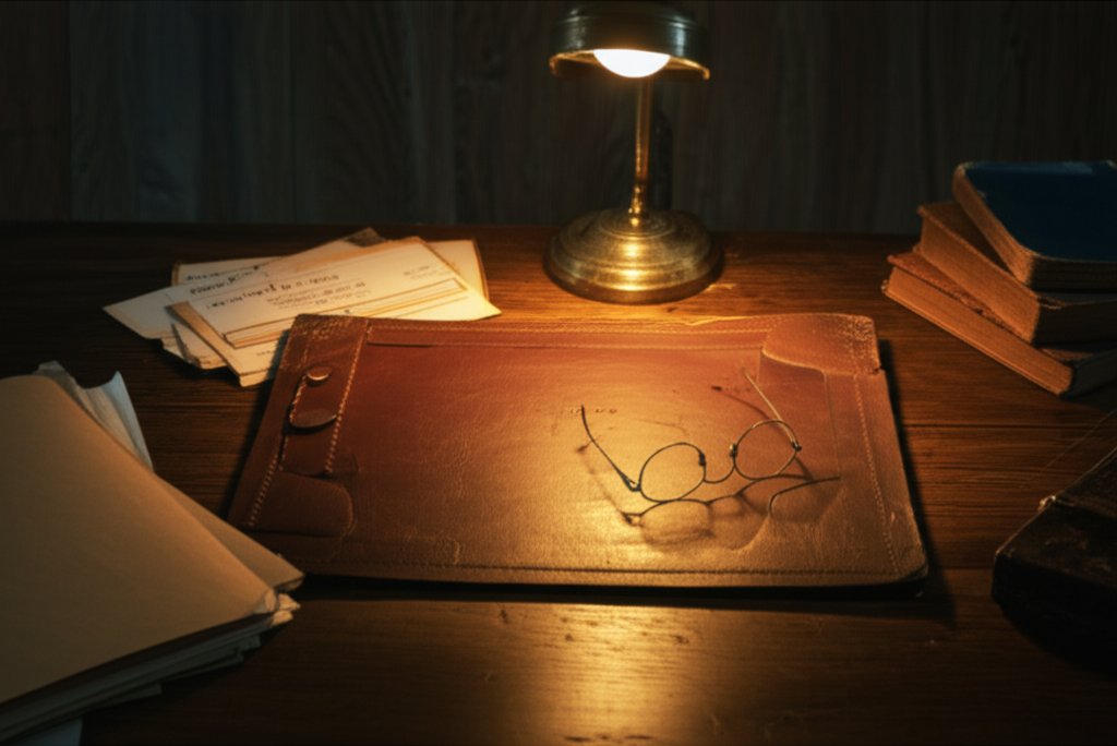Weathered leather desk with antique investigative tools